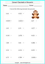 percentage decimals conversion math worksheets for grade 1 to 6 