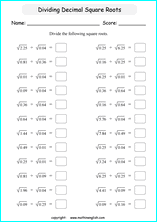 square roots of decimals math worksheets for grade 1 to 6 