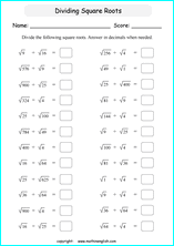 multiplying and dividing square roots math worksheets for grade 1 to 6 