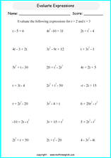 evaluating algebraic expressions worksheets for primary math