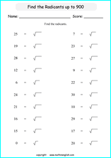 finding square roots math worksheets for grade 1 to 6 