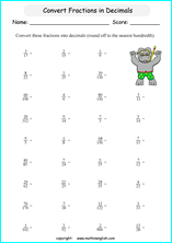 decimal into fractions worksheets for grade 1 to 6 