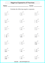  exponents of negative numbers math worksheets for grade 1 to 6 