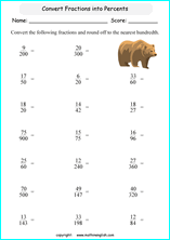 printable fraction conversion in percents worksheets for kids in primary and elementary math class 