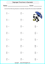 printable fraction conversion in decimals worksheets for kids in primary and elementary math class 