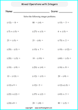 mixed operation with integers worksheets for primary math