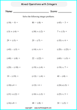 math worksheets with integers and negative numbers for primary students