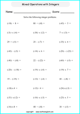 mixed operation with integers worksheets for primary math