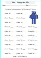 least common multiple LCM math worksheets for grade 1 to 6 