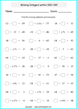 addition subtraction of integers worksheets for primary math