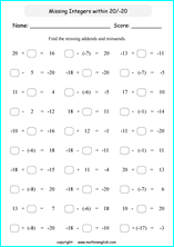 printable math integer subtraction worksheets for kids in primary and elementary math class 