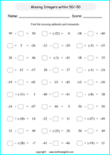 printable math integer subtraction worksheets for kids in primary and elementary math class 