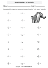 printable fraction conversion in decimals worksheets for kids in primary and elementary math class 