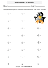 decimal into fractions worksheets for grade 1 to 6 