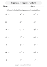  exponents of negative numbers math worksheets for grade 1 to 6 