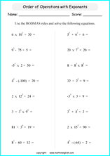 operations with exponents math worksheets for grade 1 to 6 