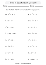 operations with exponents math worksheets for grade 1 to 6 