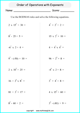 operations with exponents math worksheets for grade 1 to 6 