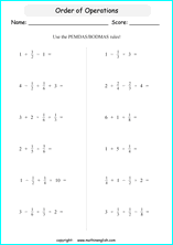 order of operations with exponents worksheets for grade 1 to 6 