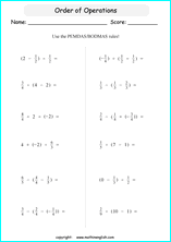 order of operations with exponents worksheets for grade 1 to 6 