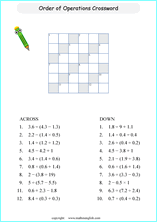 order of operations BODMAS crossword worksheets for grade 1 to 6 