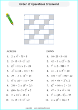 order of operations BODMAS crossword worksheets for grade 1 to 6 