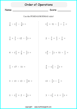 order of operations with exponents worksheets for grade 1 to 6 