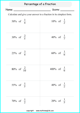 percentage of fractions math worksheets for grade 1 to 6 