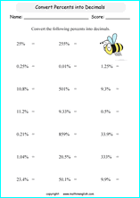 percentage decimals conversion math worksheets for grade 1 to 6 