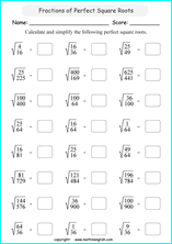 square roots of fractions math worksheets for grade 1 to 6 