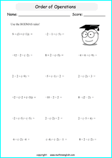 order of operations with positve and negative integers worksheets for grade 1 to 6 