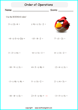 order of operations with positve and negative integers worksheets for grade 1 to 6 