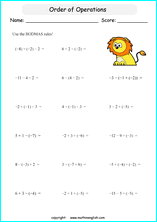 order of operations with positve and negative integers worksheets for grade 1 to 6 