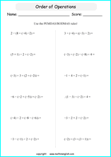 order of operations with positve and negative integers worksheets for grade 1 to 6 