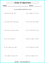 order of operations with positve and negative integers worksheets for grade 1 to 6 