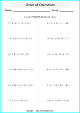 order of operations with positve and negative integers worksheets for grade 1 to 6 