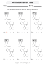 prime factorization worksheets for grade 1 to 6 