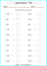 finding square roots math worksheets for grade 1 to 6 