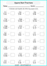 square roots of fractions math worksheets for grade 1 to 6 