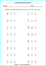 printable adding more difficult fractions worksheets for kids in primary and elementary math class 