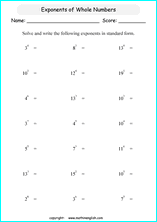 Free Printable Exponents And Prower Of Ten Math Worksheets For Grade 6 And 7 Math Students.