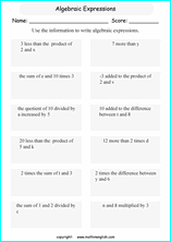 writing algebraic expressions worksheets for primary math