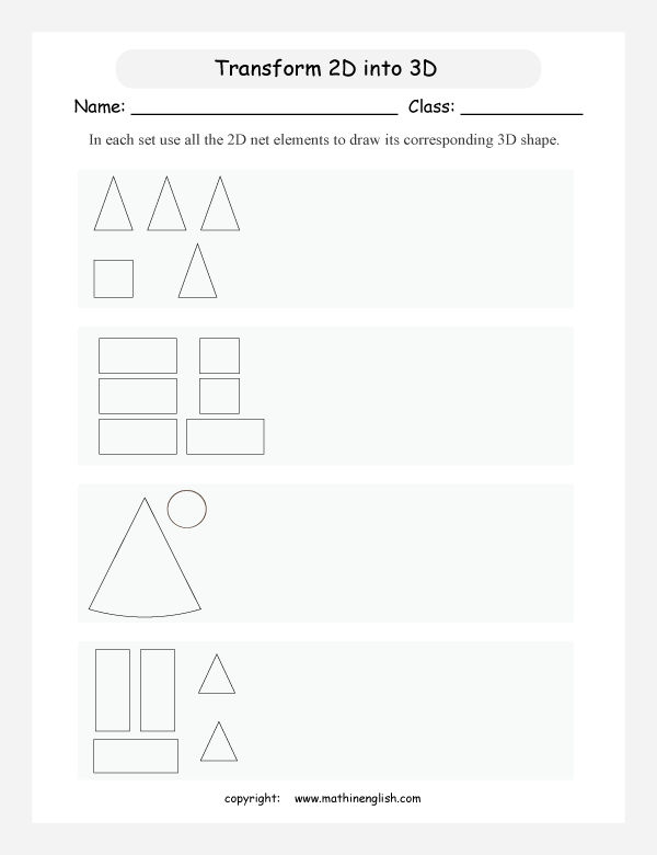 3d shapes and nets geometry math worksheets for primary math class 